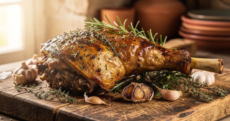 Gigot d'agneau de Sisteron rôti aux herbes de Provence sur planche en bois