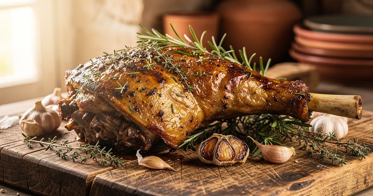 Gigot d'agneau de Sisteron rôti aux herbes de Provence sur planche en bois