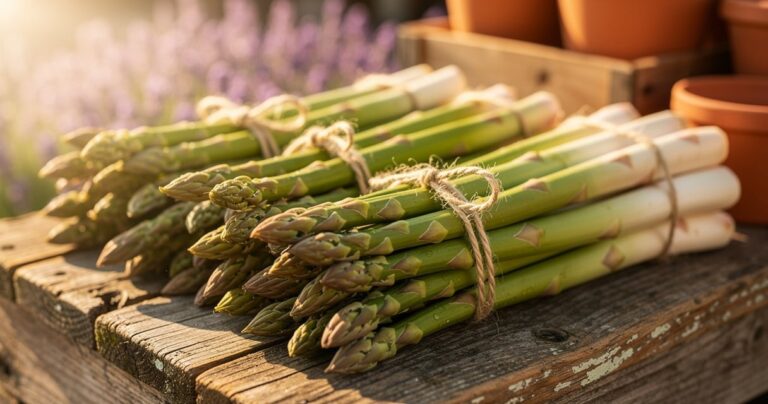 Bottes d'asperges vertes et blanches de Provence sur un étal de marché aixois