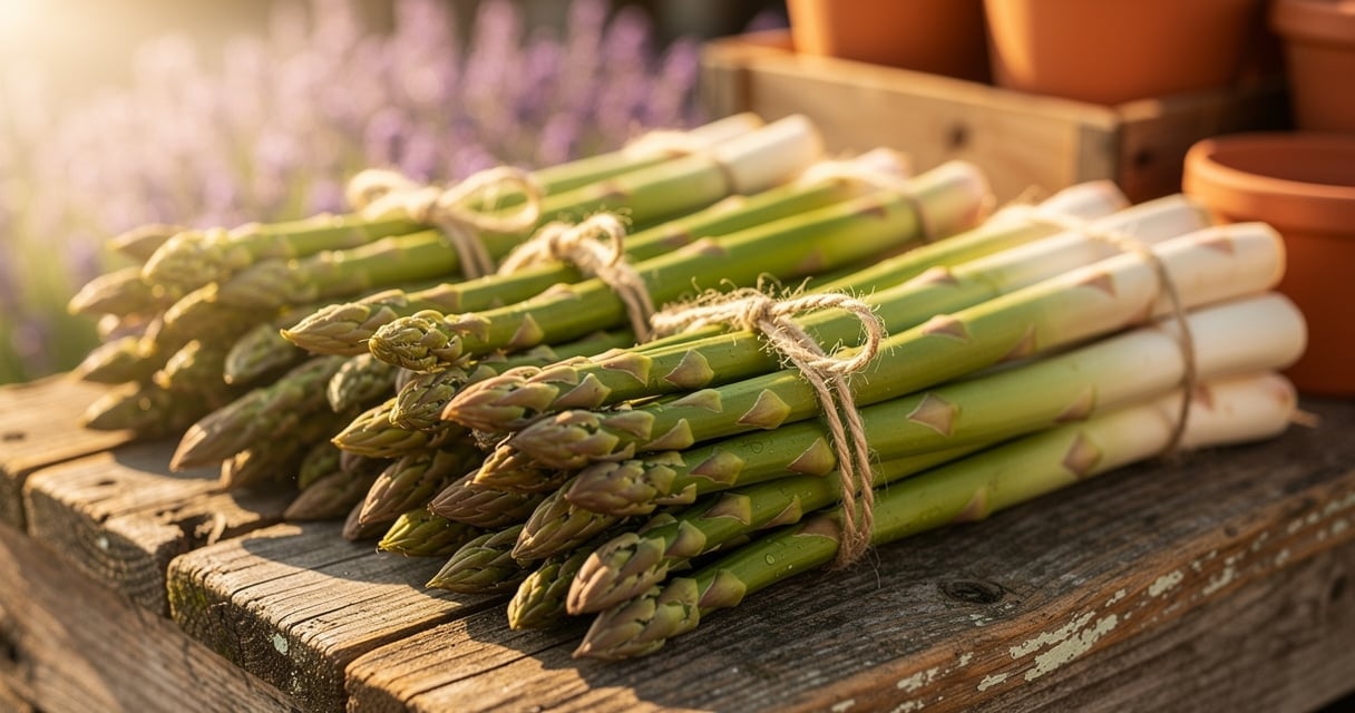 Bottes d'asperges vertes et blanches de Provence sur un étal de marché aixois