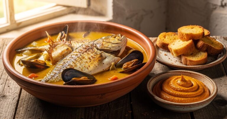 Bouillabaisse provençale authentique servie dans un bol en terre cuite avec croûtons et rouille