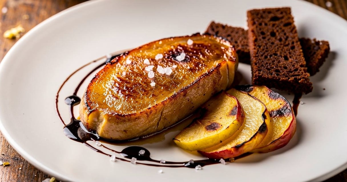 Escalope de foie gras poêlé doré avec pommes caramélisées et réduction balsamique