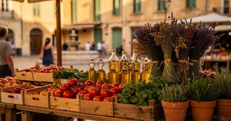 Marché provençal traditionnel à Aix-en-Provence avec huile d'olive, herbes et tomates