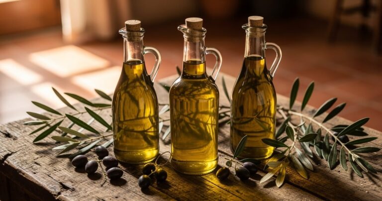 Bouteilles d huile d olive AOP de Provence sur une table en bois avec des branches d olivier