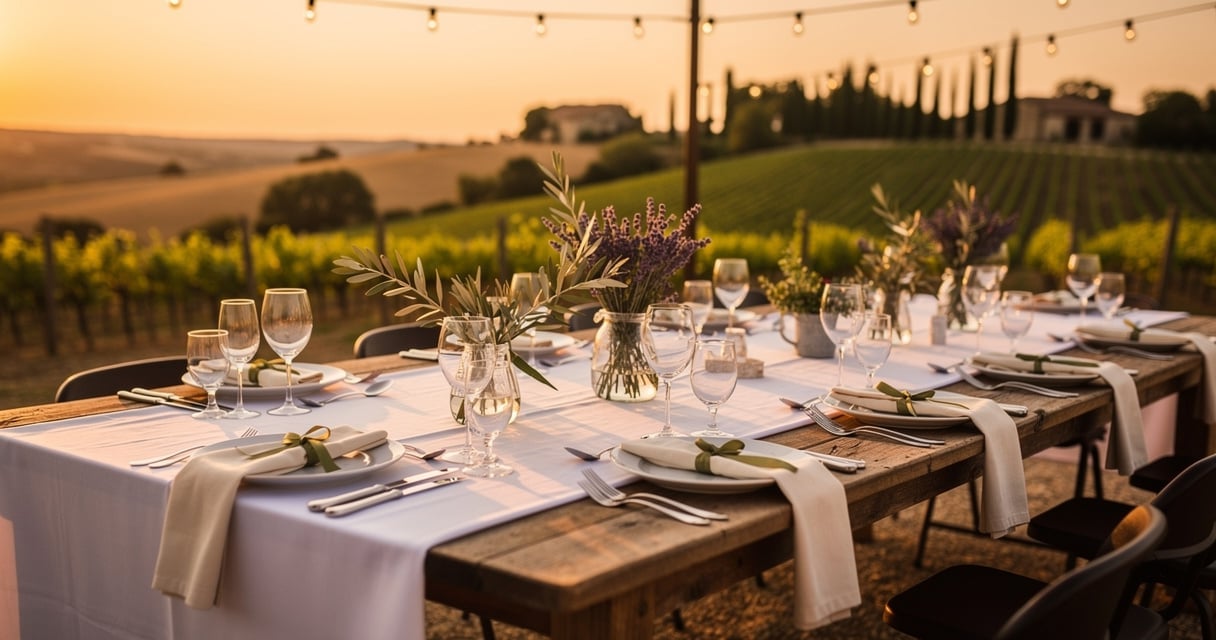 Table de réception de mariage dressée en plein air dans un vignoble de Provence au coucher du soleil