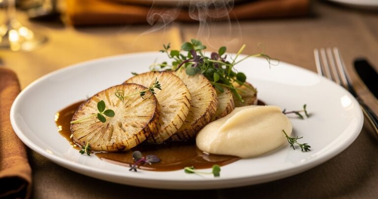 Assiette gastronomique végétarienne avec céleri-rave rôti et purée de panais