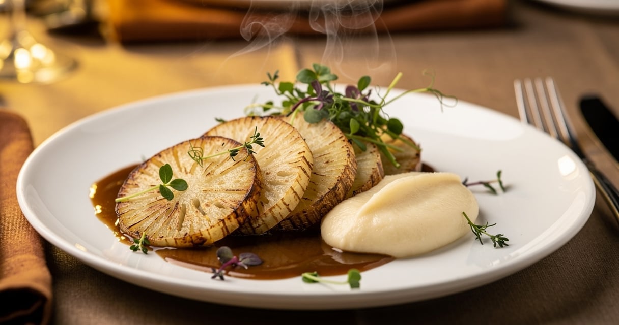 Assiette gastronomique végétarienne avec céleri-rave rôti et purée de panais