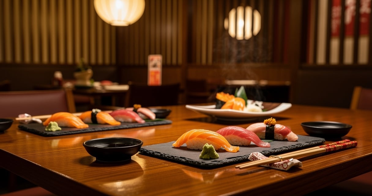 Plateau de sushi frais sur table en bois dans un restaurant japonais