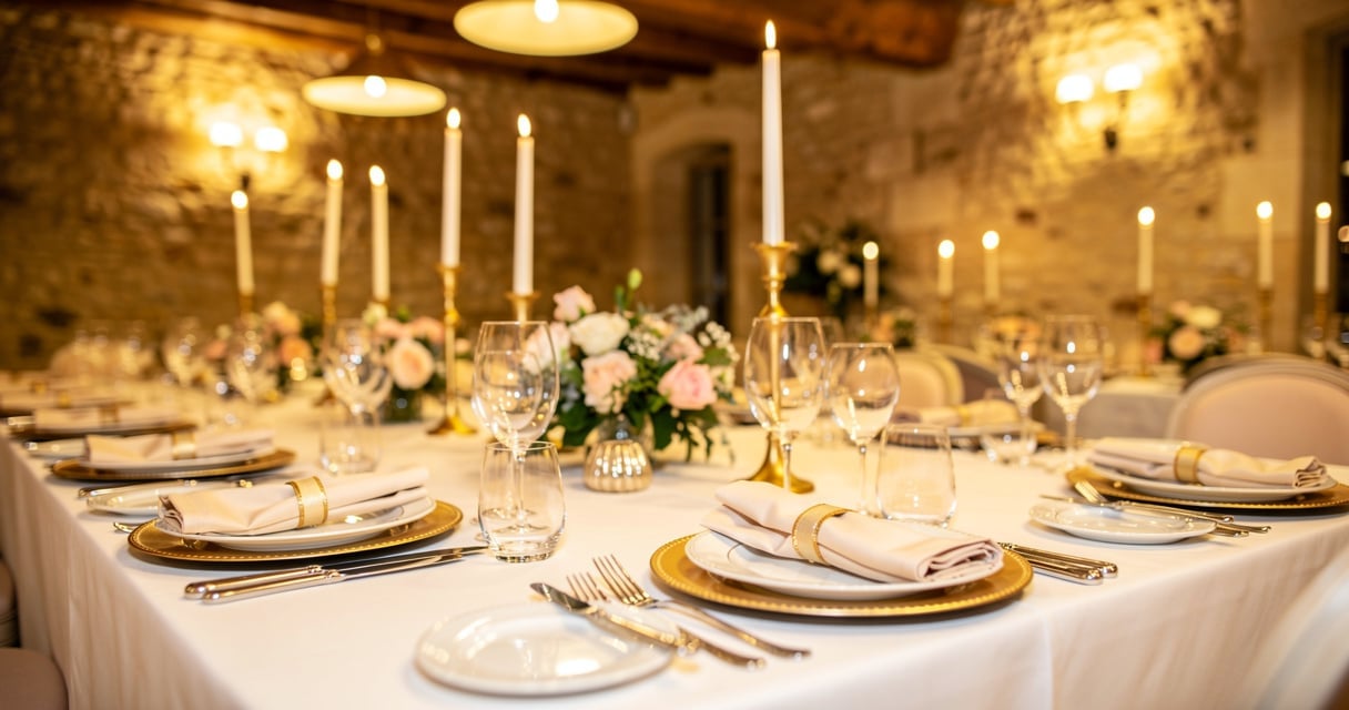 Table dressée pour une soirée de gala d'entreprise dans un restaurant gastronomique en Provence