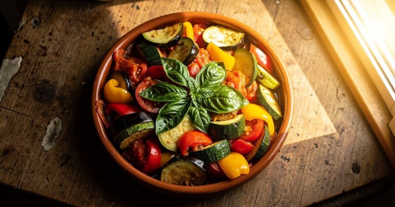 Ratatouille provençale servie dans un plat en terre cuite avec basilic frais