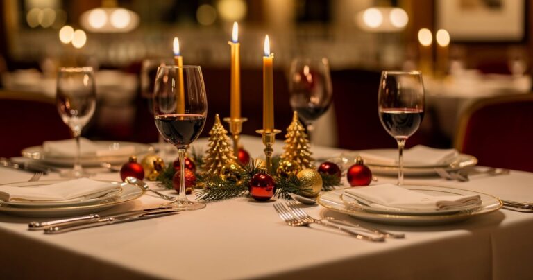 Table de Noël dressée dans un restaurant gastronomique, ambiance festive et chaleureuse