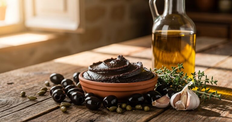 Bol de tapenade provençale aux olives noires sur table en bois avec câpres, ail et huile d'olive