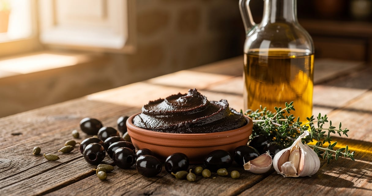 Bol de tapenade provençale aux olives noires sur table en bois avec câpres, ail et huile d'olive