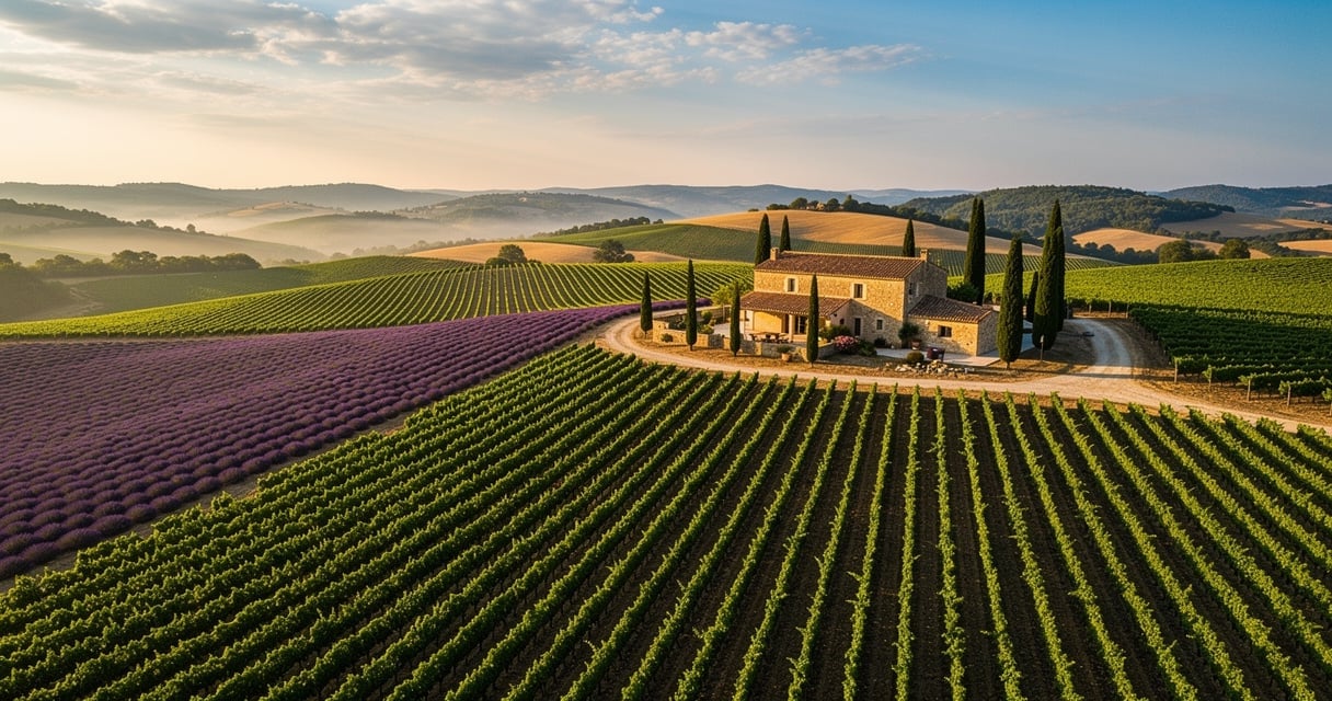 Vignoble de Provence avec rangées de vignes vertes sous la lumière dorée du soleil couchant